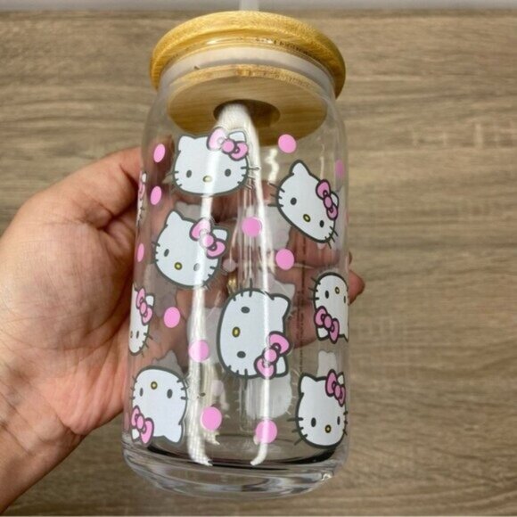 Hello Kitty Pink Face Glass Straw Can Cup NEW - Picture 2 of 5